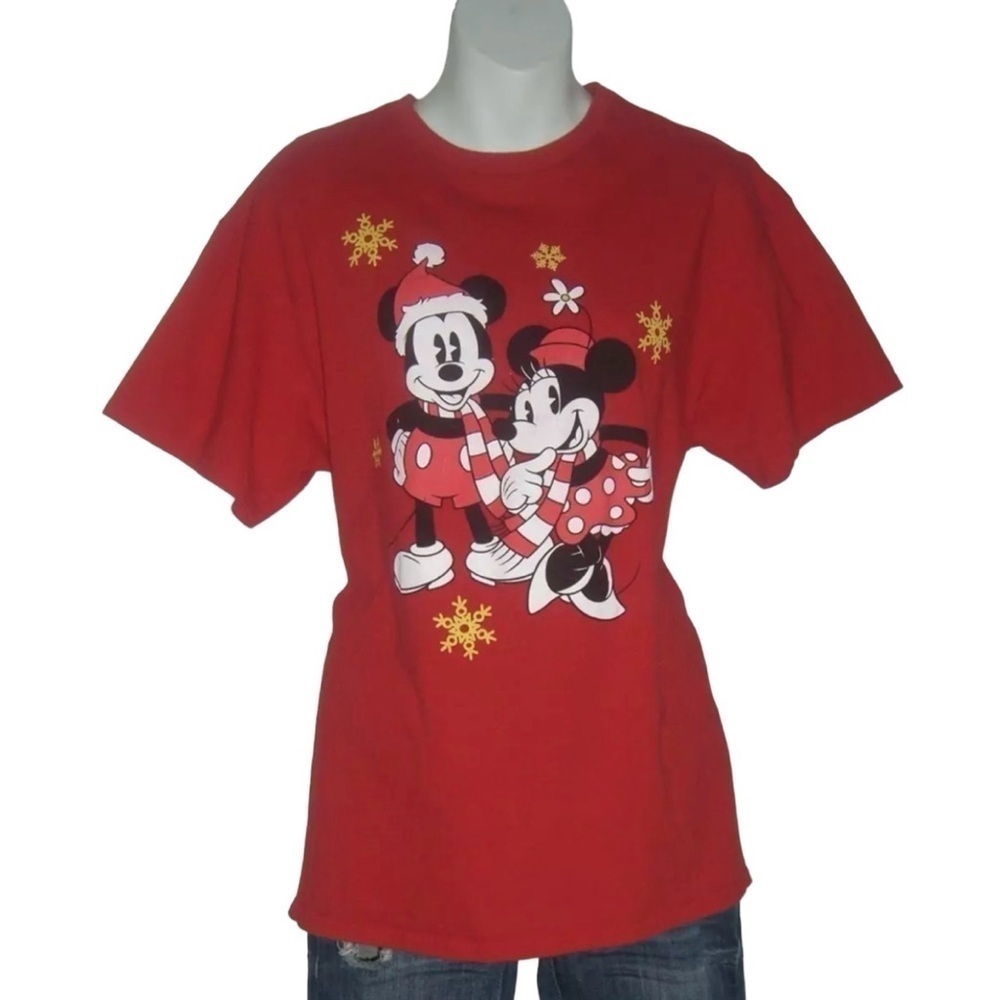 Disney Tee Shirt Vintage Style Christmas Winter Mickey Mouse Minnie Red Retro L